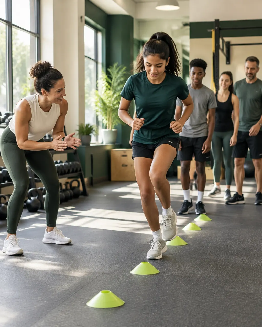 Athletes training footwork and movement with a coach