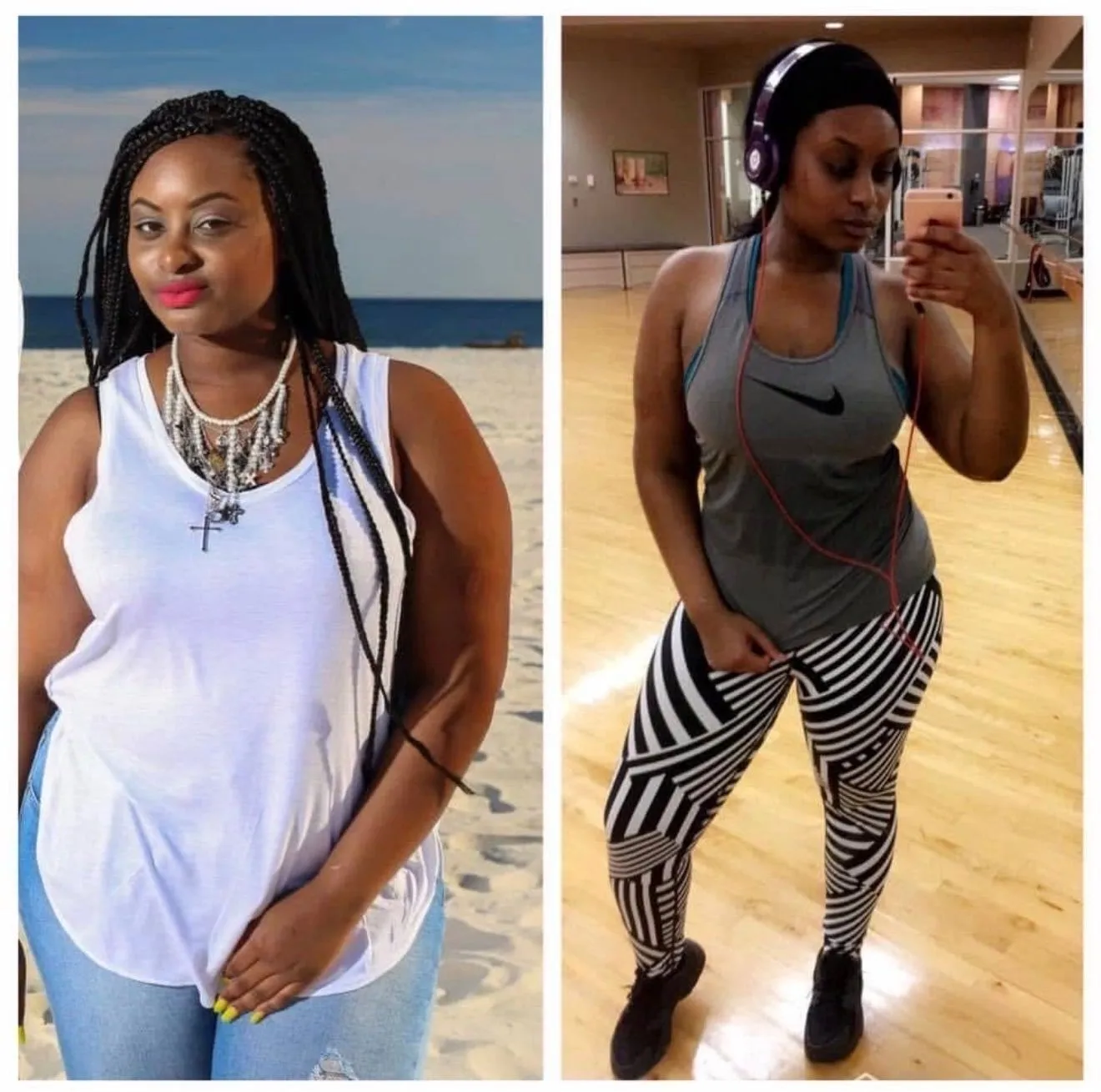 FitSquad personal training client showing her fitness progress in a before-and-after photo
