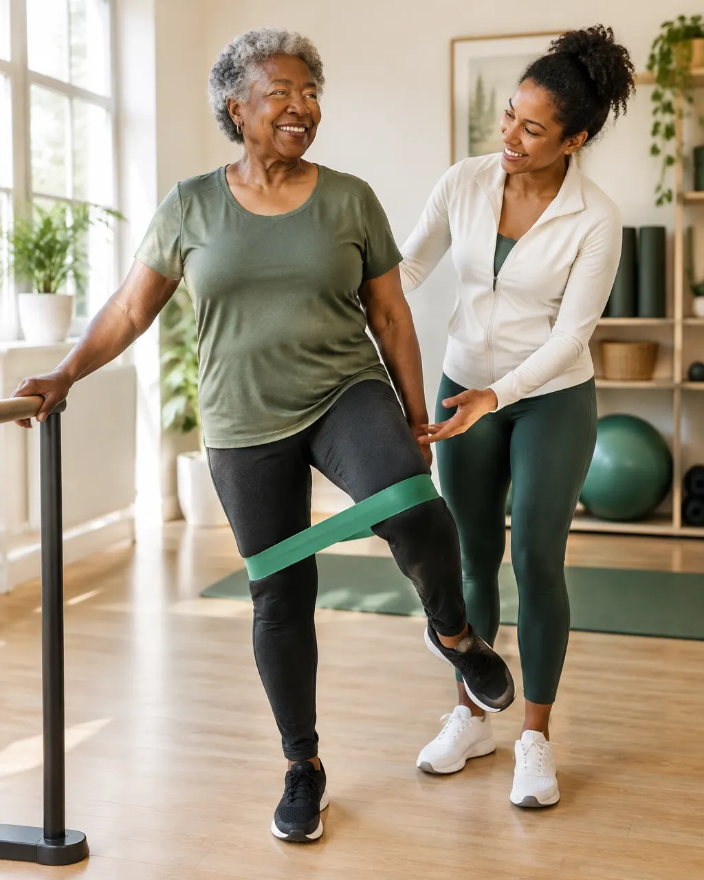 Older adult working on balance with a supportive coach