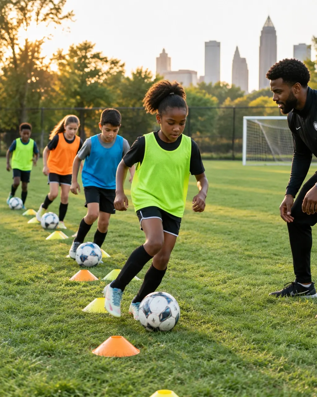 Young soccer players practicing skills together